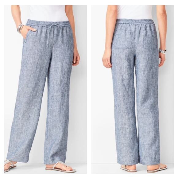 Talbots Washed Linen Chambray Pinstripe Drawstring Linen Pants 14P - Picture 1 of 8